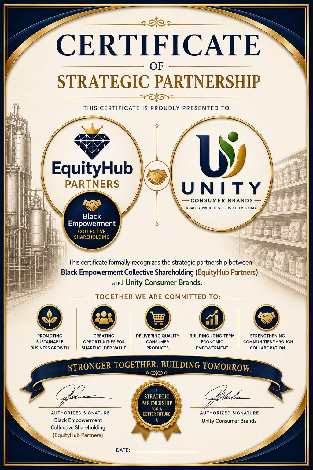 Certificate of Strategic Partnership between EquityHub Partners (Black Empowerment Collective Shareholding) and Unity Consumer Brands.
